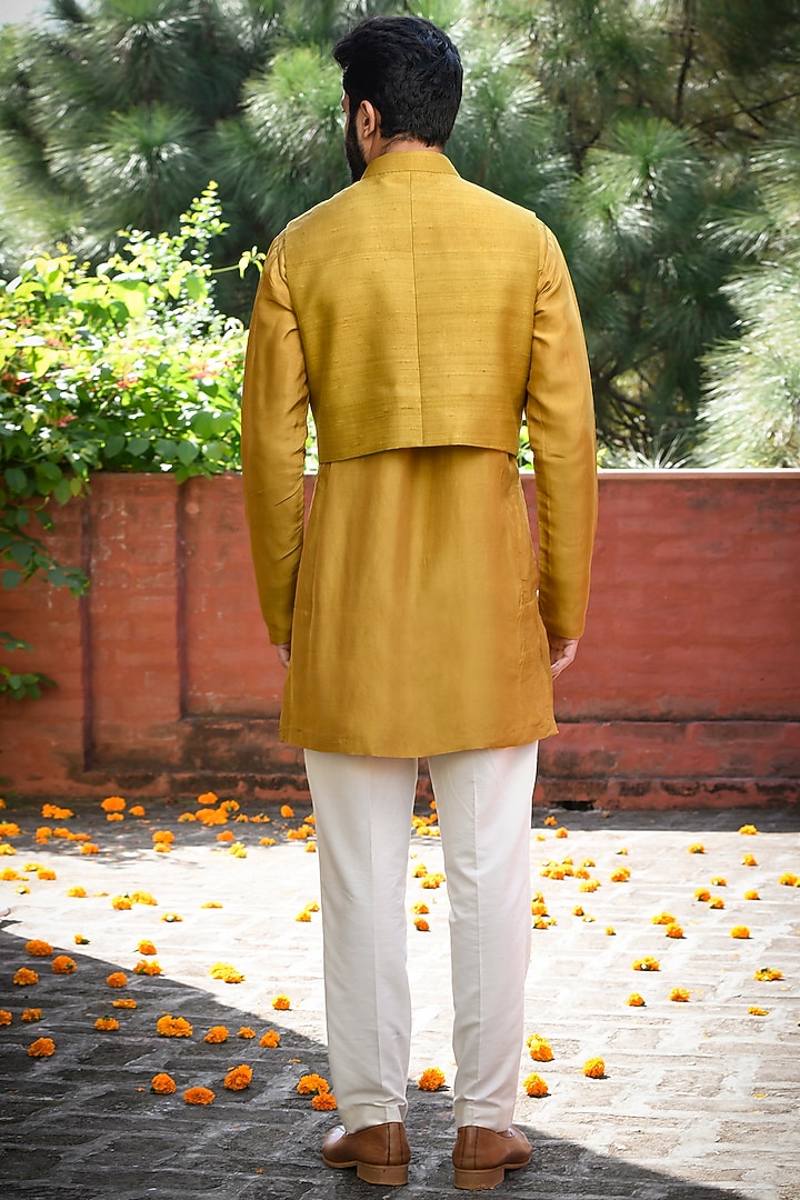 Mustard Silk Cutdana Embellished Crop Jacket Set by Mint Blush Men at Pernia's Pop Up Shop