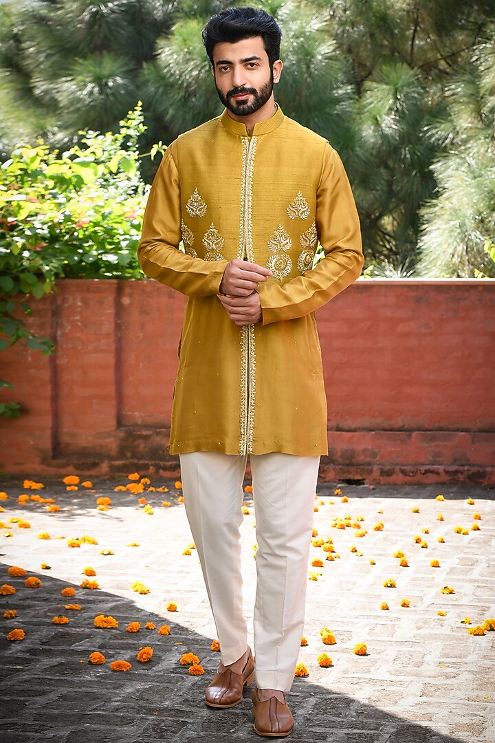 Mustard Silk Cutdana Embellished Crop Jacket Set by Mint Blush Men at Pernia's Pop Up Shop