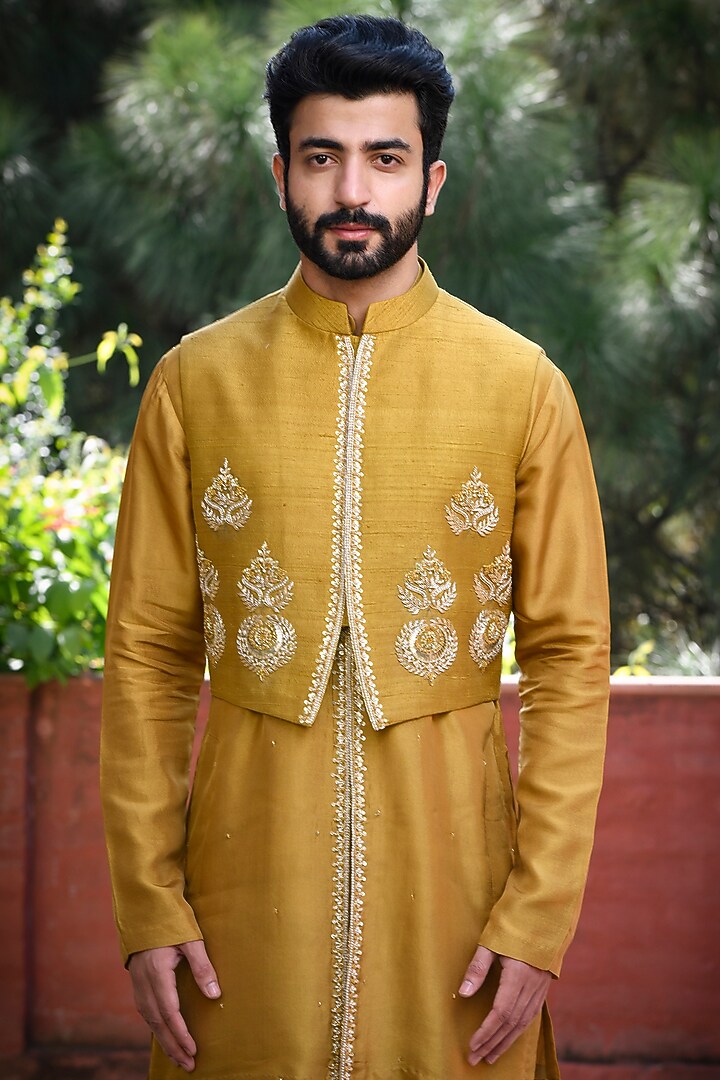 Mustard Silk Cutdana Embellished Crop Jacket Set by Mint Blush Men at Pernia's Pop Up Shop