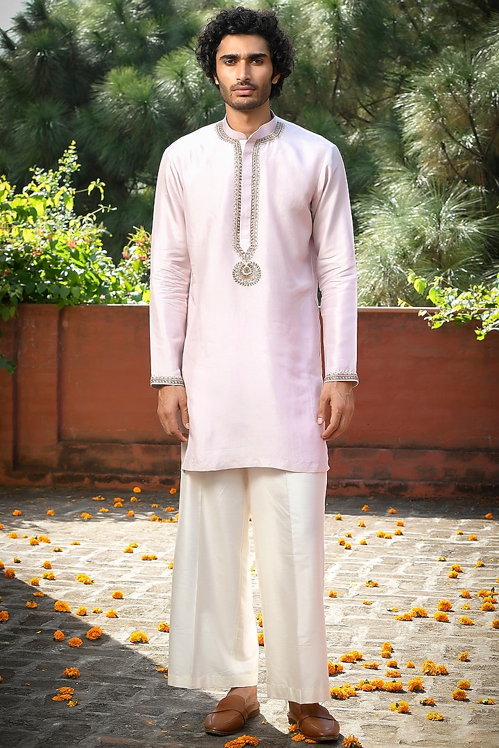 Lilac Silk Cutdana Embroidered Kurta Set by Mint Blush Men