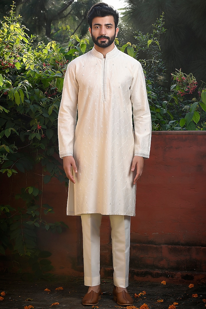 Ivory Silk Cutdana & Pearl Embellished Kurta Set by Mint Blush Men