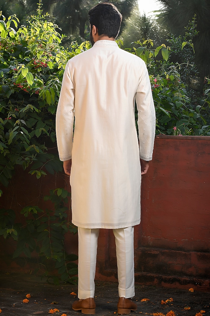 Ivory Silk Cutdana & Pearl Embellished Kurta Set by Mint Blush Men at Pernia's Pop Up Shop