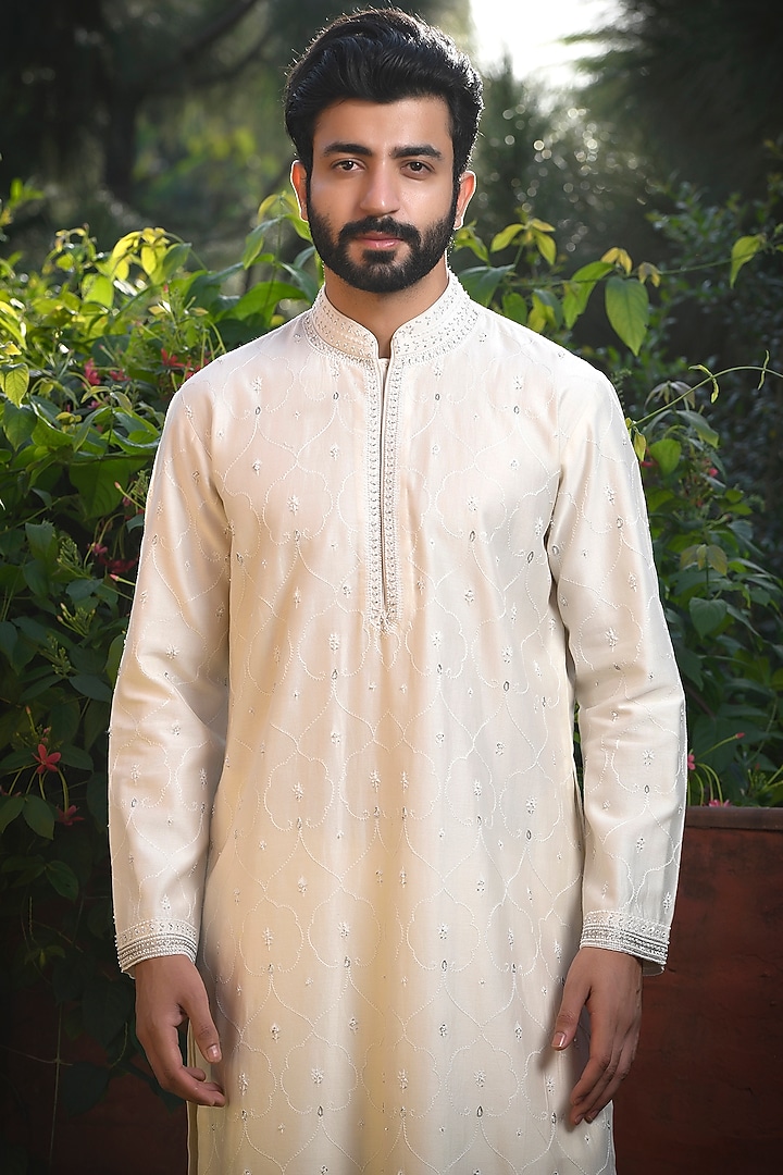 Ivory Silk Cutdana & Pearl Embellished Kurta Set by Mint Blush Men at Pernia's Pop Up Shop