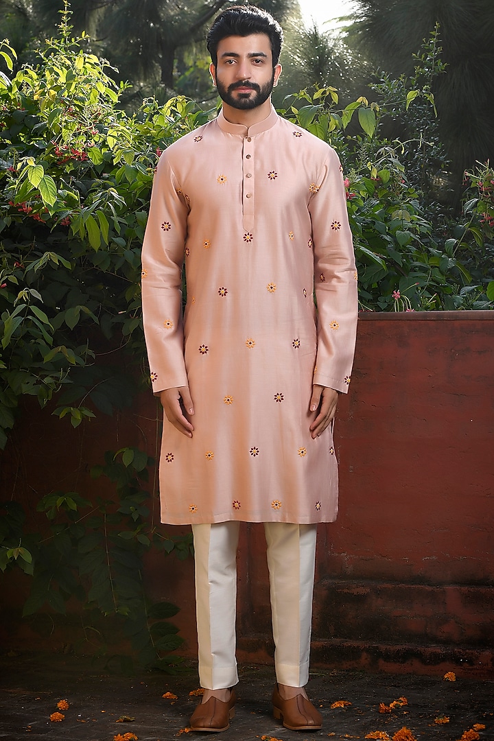 Rose Gold Silk Thread & Motif Hand Embroidered Kurta Set by Mint Blush Men