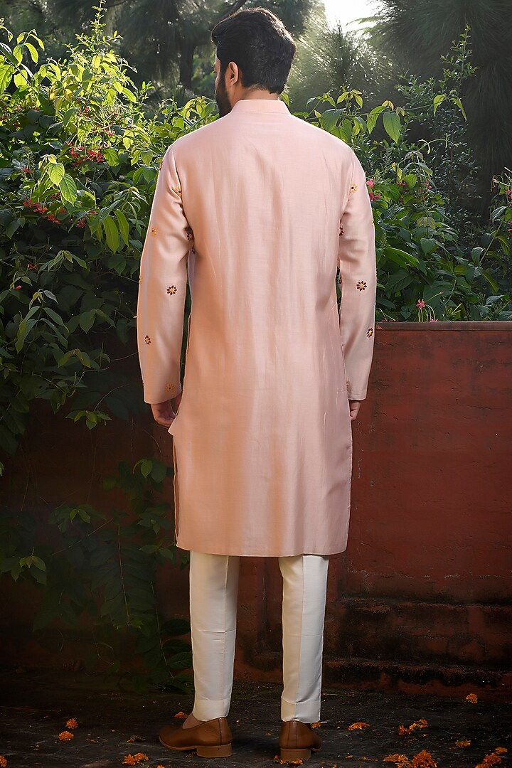 Rose Gold Silk Thread & Motif Hand Embroidered Kurta Set by Mint Blush Men at Pernia's Pop Up Shop