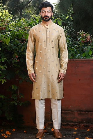Pista Green Silk Motif & Mirror Embroidered Kurta Set by Mint Blush Men