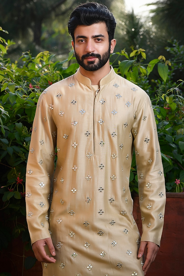 Pista Green Silk Motif & Mirror Embroidered Kurta Set by Mint Blush Men at Pernia's Pop Up Shop