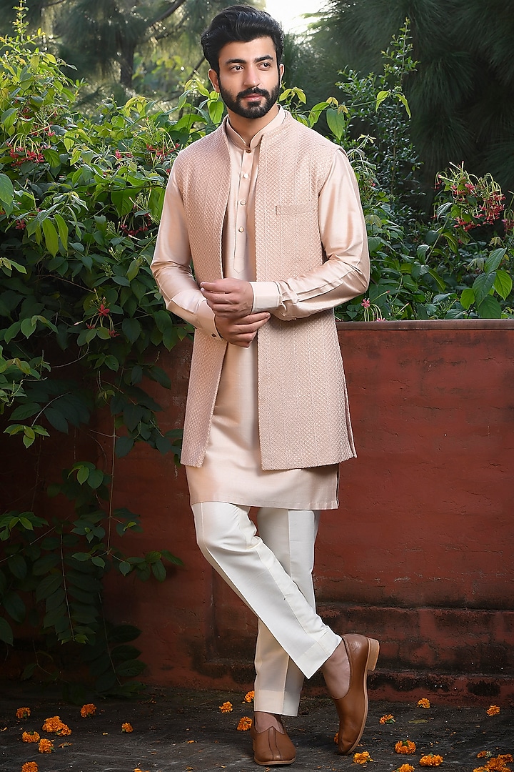 Rose Gold Cotton Silk Thread Embroidered Indowestern Set by Mint Blush Men