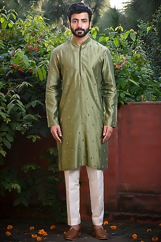 Mehendi Green Silk Hand Embroidered Kurta Set by Mint Blush Men