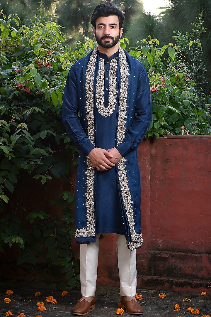 Blue Silk Dabka Hand Embroidered Kurta Set by Mint Blush Men