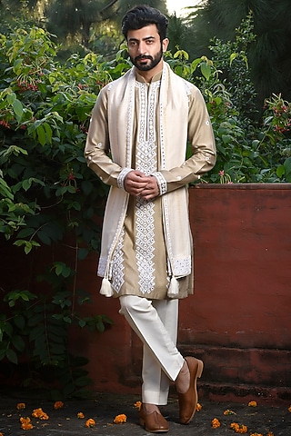 Pista Green Silk Mirror Embroidered Kurta Set by Mint Blush Men