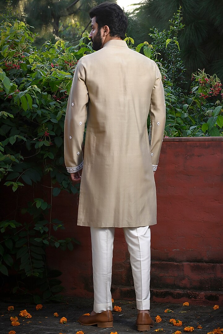 Pista Green Silk Mirror Embroidered Kurta Set by Mint Blush Men at Pernia's Pop Up Shop