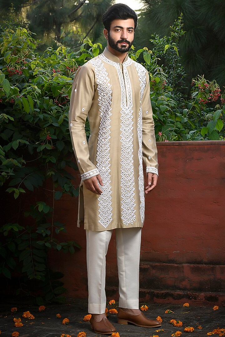 Pista Green Silk Mirror Embroidered Kurta Set by Mint Blush Men at Pernia's Pop Up Shop