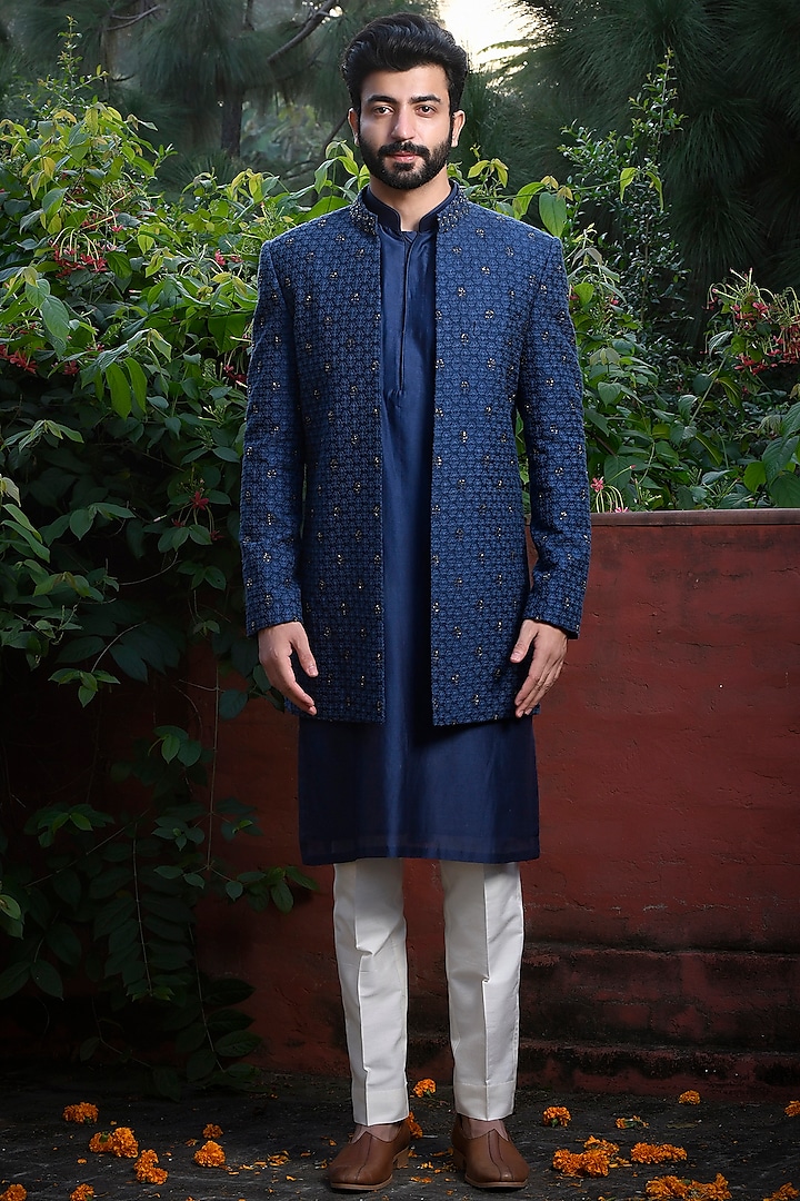 Royal Blue Silk Cutdana & Thread Embroidered Indowestern Set by Mint Blush Men