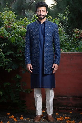 Royal Blue Silk Cutdana & Thread Embroidered Indowestern Set by Mint Blush Men