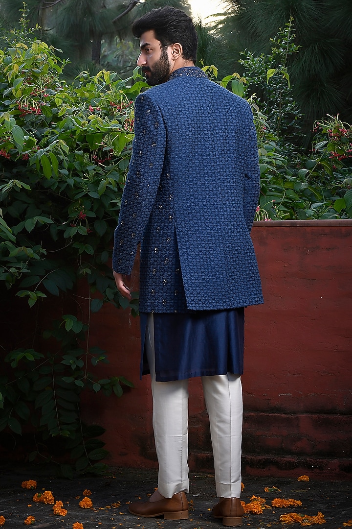 Royal Blue Silk Cutdana & Thread Embroidered Wedding Indowestern Set by Mint Blush Men at Pernia's Pop Up Shop