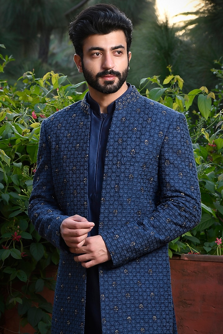 Royal Blue Silk Cutdana & Thread Embroidered Wedding Indowestern Set by Mint Blush Men at Pernia's Pop Up Shop