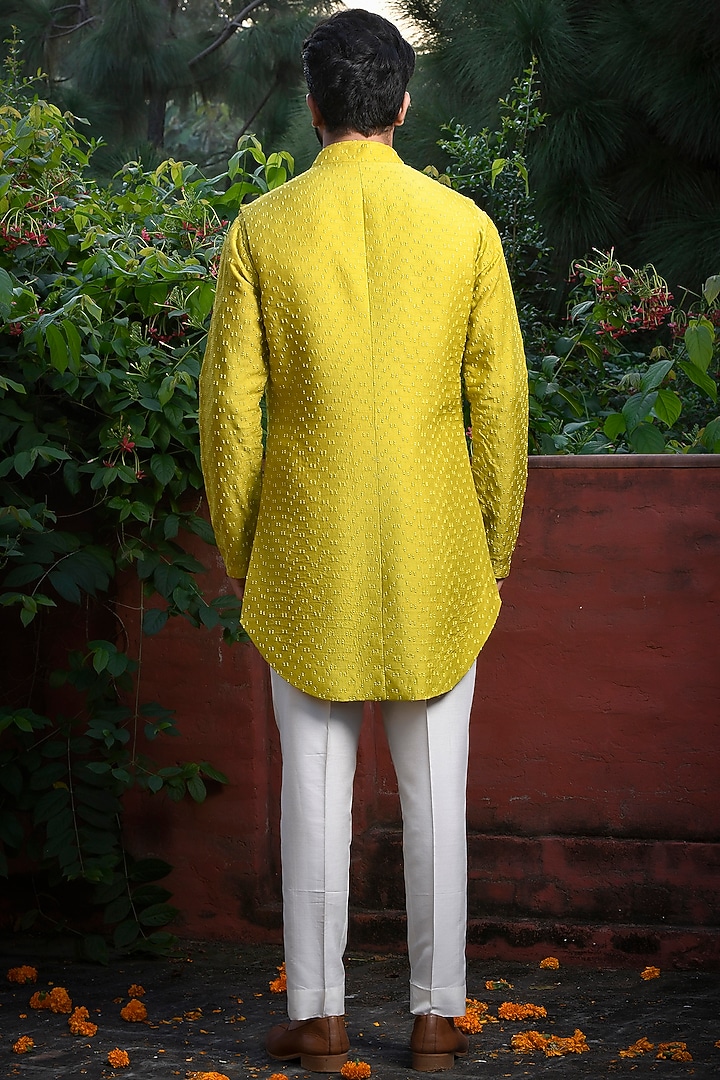 Mustard Green Silk Cutdana & Thread Embroidered Wedding Indowestern Set by Mint Blush Men at Pernia's Pop Up Shop