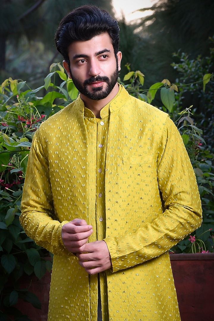 Mustard Green Silk Cutdana & Thread Embroidered Wedding Indowestern Set by Mint Blush Men at Pernia's Pop Up Shop