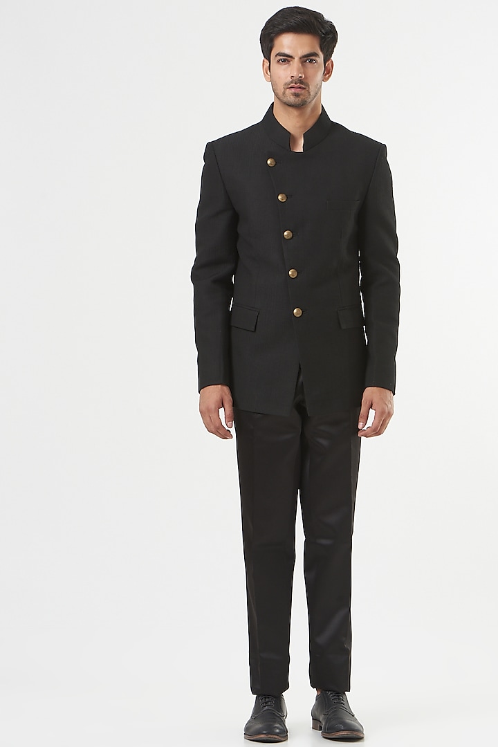 Black Silk Bandhgala Set by Mint Blush Men