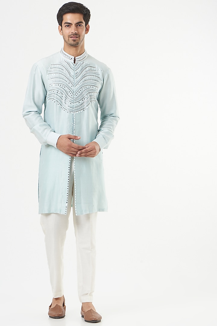 Powder Blue Embroidered Kurta Set by Mint Blush Men