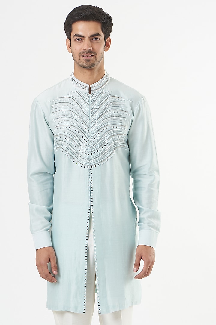 Powder Blue Embroidered Kurta Set by Mint Blush Men at Pernia's Pop Up Shop