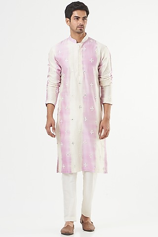 Purple & White Tie-Dyed Kurta Set by Mint Blush Men
