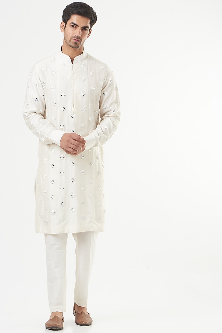 Ivory Embroidered Kurta Set by Mint Blush Men