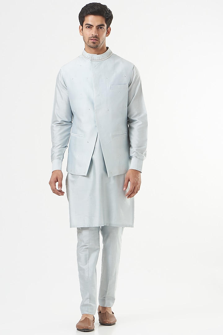 Powder Blue Kurta Set With Embroidered Jawahar Jacket by Mint Blush Men