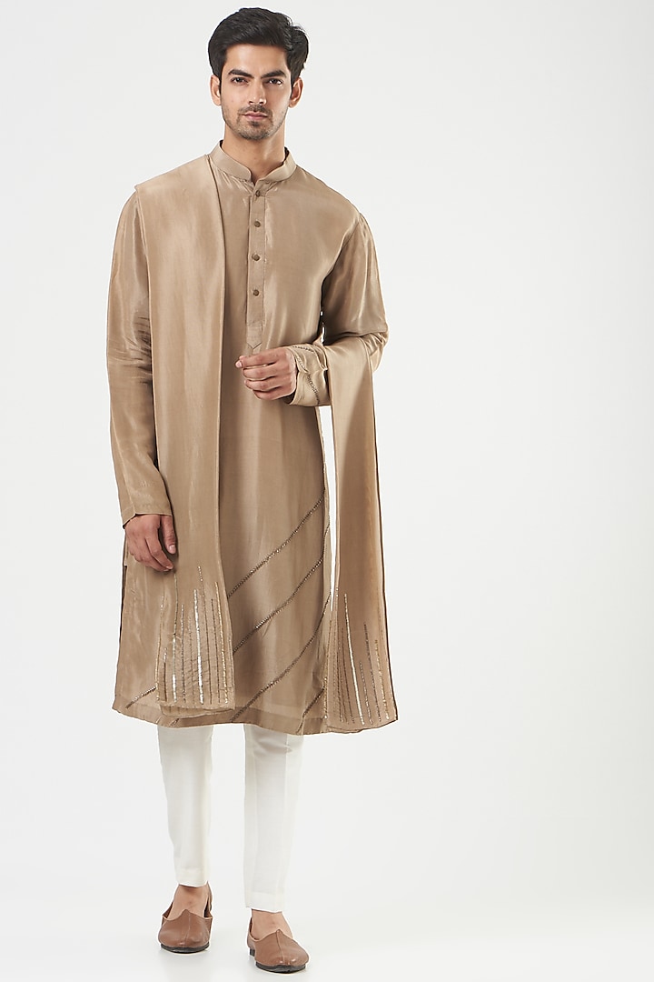 Mouse-Colored Embroidered Kurta Set With Stole by Mint Blush Men