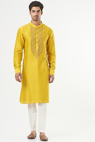 Mustard Embroidered Kurta Set by Mint Blush Men