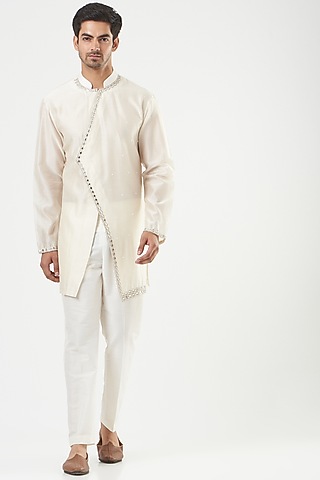 Ivory Kurta Set With Embroidery by Mint Blush Men