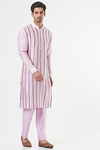 Lilac Kurta Set With Embroidery by Mint Blush Men
