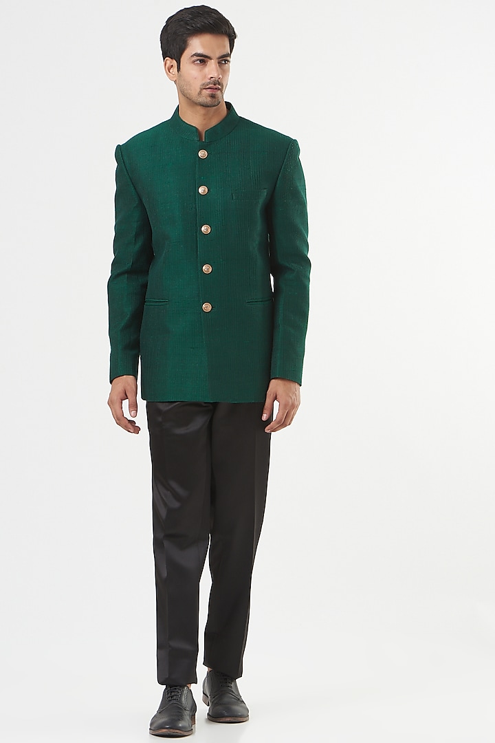 Deep Green Raw Silk Bandhgala Set by Mint Blush Men