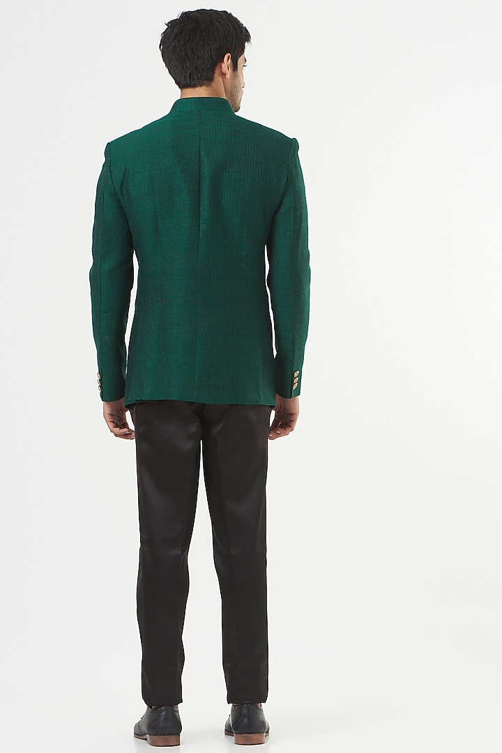Deep Green Raw Silk Wedding Bandhgala Set by Mint Blush Men at Pernia's Pop Up Shop
