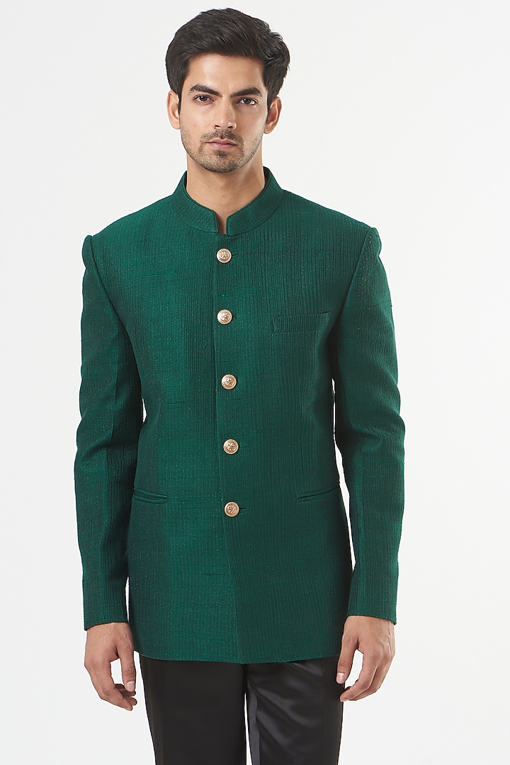 Deep Green Raw Silk Wedding Bandhgala Set by Mint Blush Men at Pernia's Pop Up Shop
