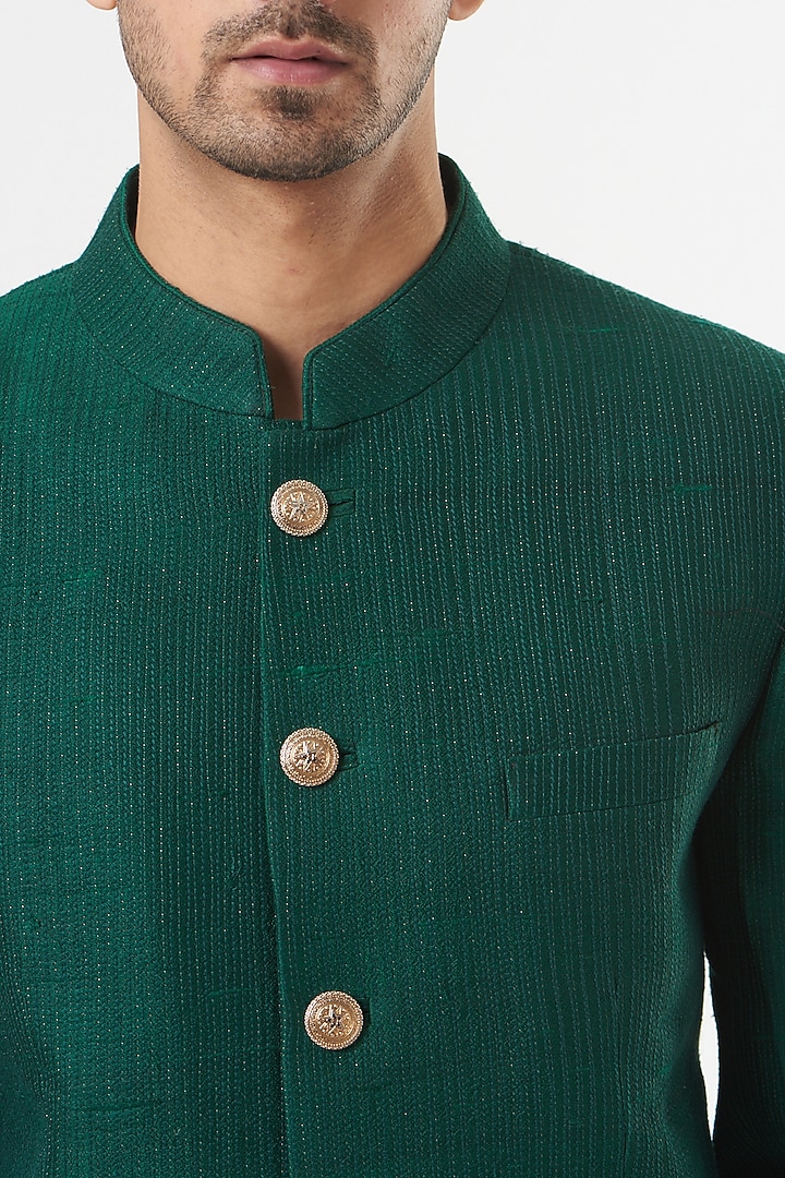 Deep Green Raw Silk Wedding Bandhgala Set by Mint Blush Men at Pernia's Pop Up Shop