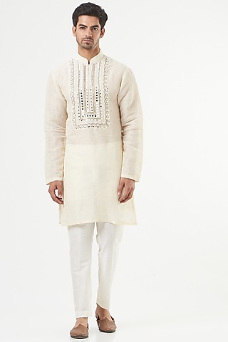 Ivory Silk Embroidered Kurta Set by Mint Blush Men
