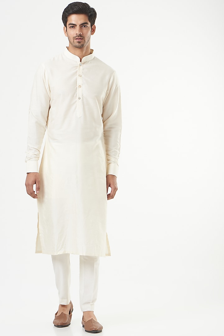 Ivory Cotton Silk Kurta Set by Mint Blush Men