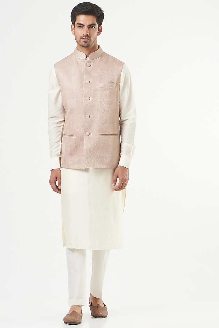 Ivory Cotton Kurta Set With Jawahar Jacket by Mint Blush Men