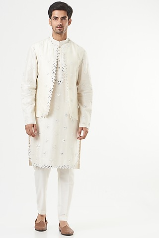 Ivory Chanderi Silk Mirror Embroidered Nehru Jacket Set by Mint Blush Men