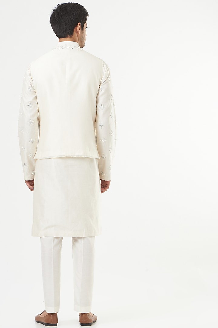 Ivory Chanderi Silk Mirror Embroidered Nehru Jacket Set by Mint Blush Men at Pernia's Pop Up Shop