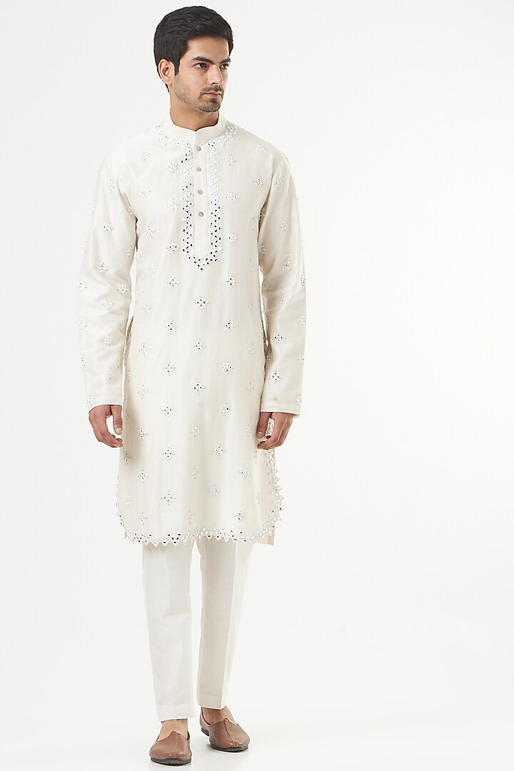Ivory Chanderi Silk Mirror Embroidered Nehru Jacket Set by Mint Blush Men at Pernia's Pop Up Shop