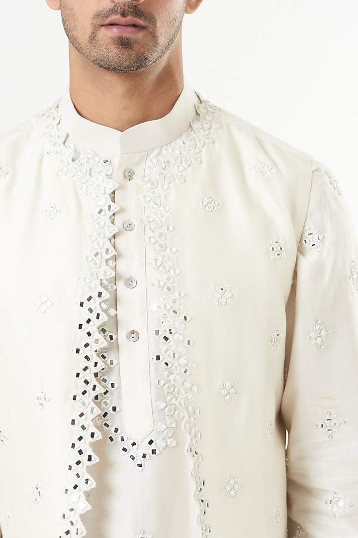 Ivory Chanderi Silk Mirror Embroidered Nehru Jacket Set by Mint Blush Men at Pernia's Pop Up Shop