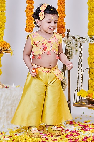Yellow Taffeta Palazzo Set For Girls by Mini N More