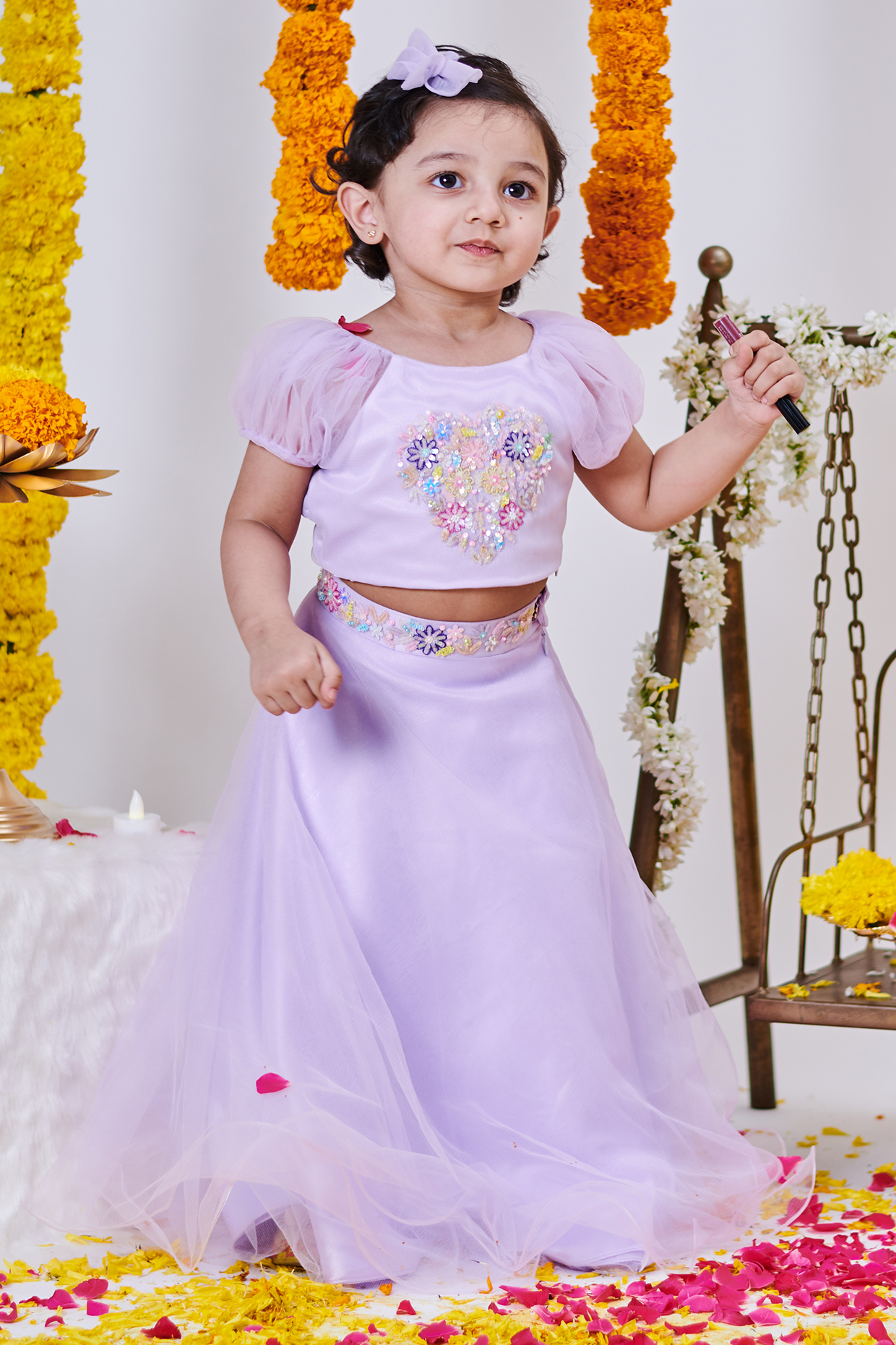 Lilac Soft Tulle Net Cutdana Embroidered Lehenga Set For Girls by Mini N More at Pernia's Pop Up Shop
