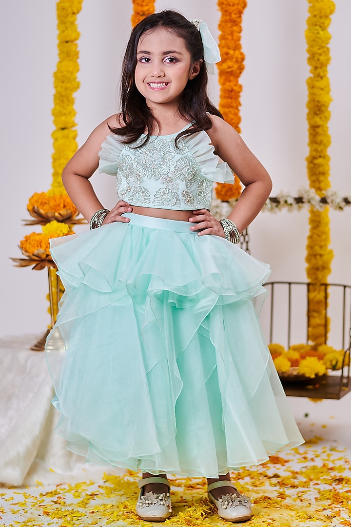 Mint Green Soft Organza Layered Lehenga Set For Girls by Mini N More at Pernia's Pop Up Shop