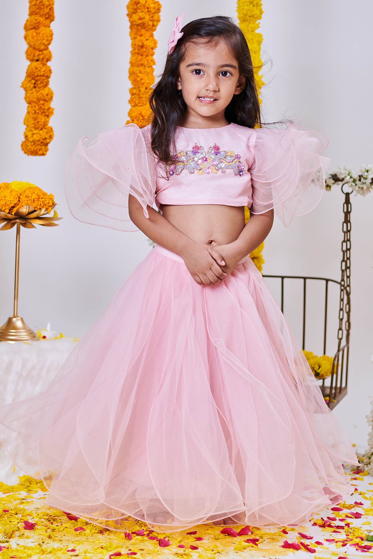 Pink Soft Tulle Net Layered Lehenga Set For Girls by Mini N More at Pernia's Pop Up Shop