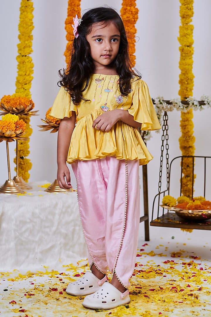 Pink Soft Silk Dhoti Pant Set For Girls by Mini N More