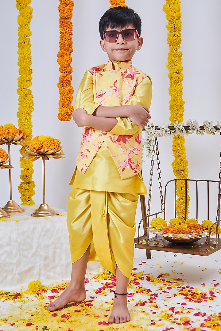 Yellow Linen Cotton Floral Printed Nehru Jacket Set For Boys by Mini N More